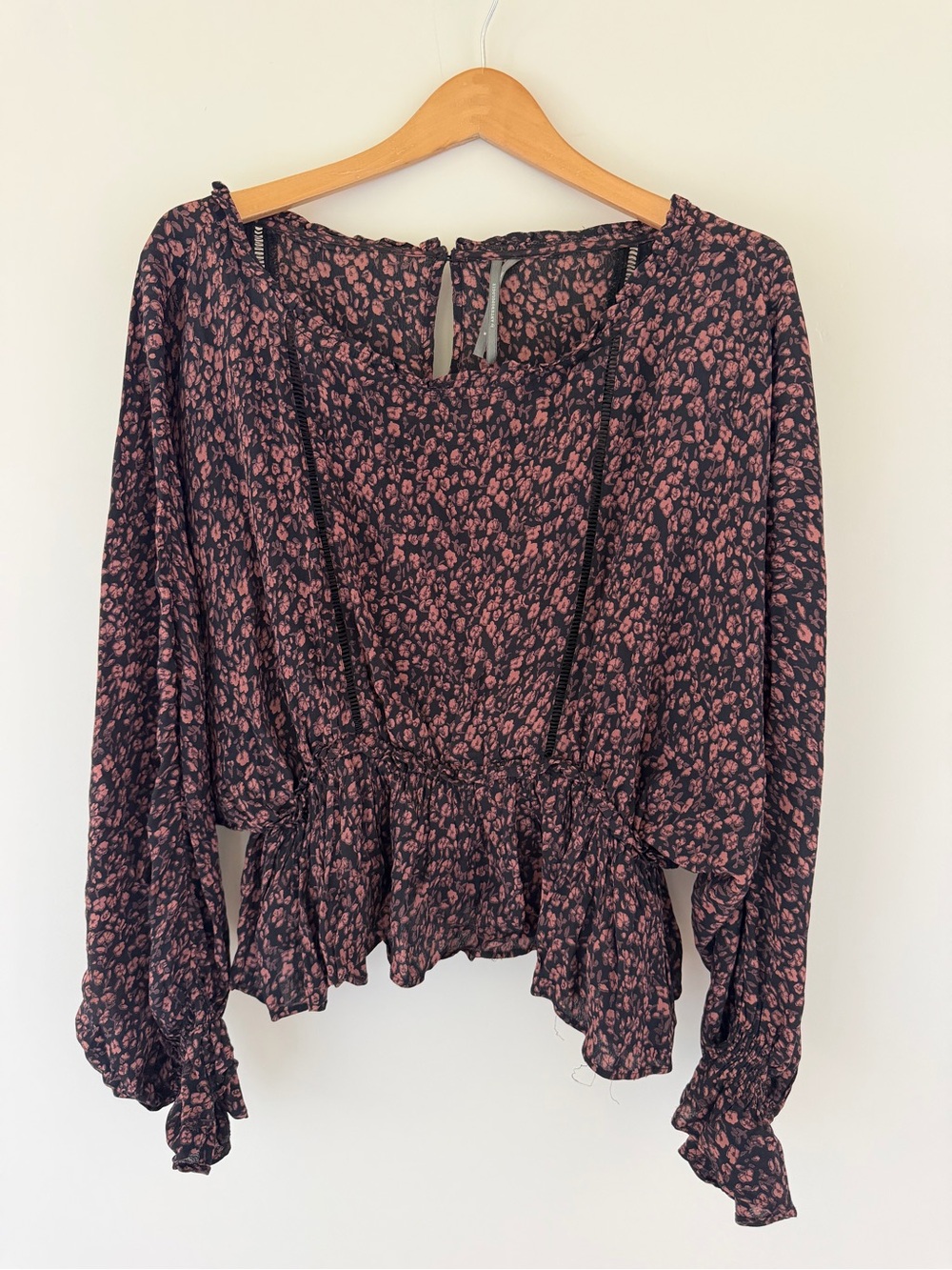 Anthropologie Black Blouse with Pink Floral Print
